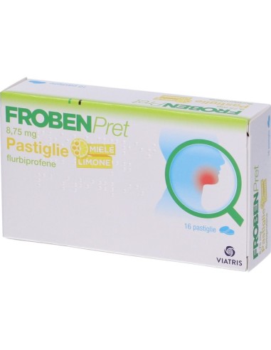 Frobenpret 8,75mg Flurbiprofene Gusto Limone e Miele Trattamento di Stati Infiammatori del Cavo Orofaringeo, 16 Pastiglie