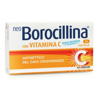 Alfasigma Neoborocillina con Vitamina C Senza Zucchero Antisettico del Cavo Orofaringeo Disinfettante Gola, 20 Compresse